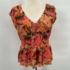 DR2 Womens Y2K Babydoll Smocked‎ Top Size Med Orange Bloomcore Tropical Ruffled